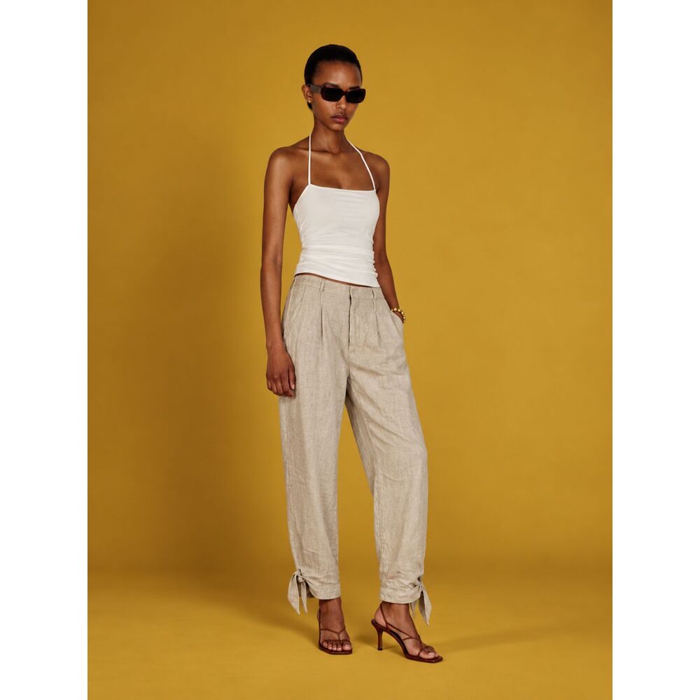 Reformation Linen Pants Size 2 Beige Oatmeal Ankle Tie 100% Linen